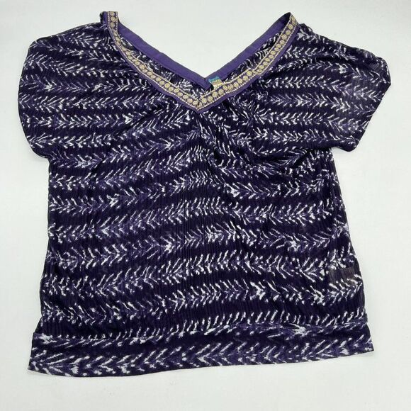 FREE PEOPLE Top Large Deep V-Neck Printed Ribbon Trim Purple Sheet - Picture 1 of 4